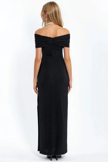 Maxikleid mit schulterfreiem Schnitt und Schlitzdetails in Sandfarbe - Image 3