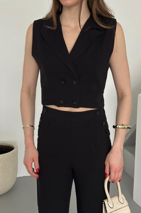 MyFashion Hochtailliertes Zweiteiler-Set mit V-Ausschnitt, Knopfleiste und weitem Bein - Schwarz - Image 1
