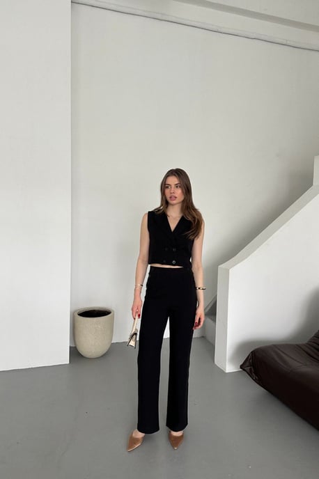 MyFashion Hochtailliertes Zweiteiler-Set mit V-Ausschnitt, Knopfleiste und weitem Bein - Schwarz - Image 2