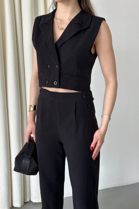 MyFashion Hochtailliertes Zweiteiler-Set mit V-Ausschnitt, Knopfleiste und weitem Bein - Schwarz - Image 4