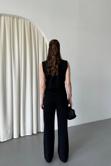 MyFashion Hochtailliertes Zweiteiler-Set mit V-Ausschnitt, Knopfleiste und weitem Bein - Schwarz - Image 5