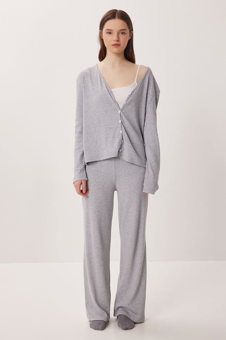 V-Ausschnitt Knopf-Longcardigan und Hose Schlafanzug Set - Image 2