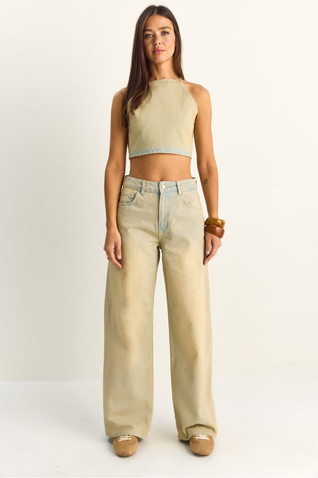 Hochtailliertes Denim-Haltertop und weit geschnittene Hose Set - Image 1