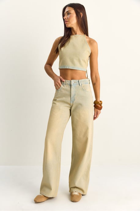 Hochtailliertes Denim-Haltertop und weit geschnittene Hose Set - Image 3