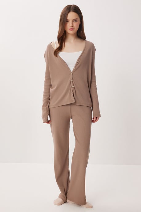 V-Ausschnitt Knopf-Longcardigan und Schlafanzug-Set mit Hose - Image 1
