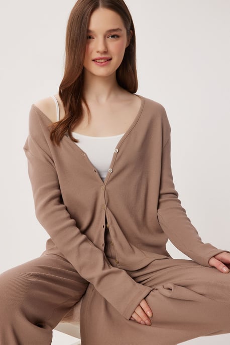 V-Ausschnitt Knopf-Longcardigan und Schlafanzug-Set mit Hose - Image 2
