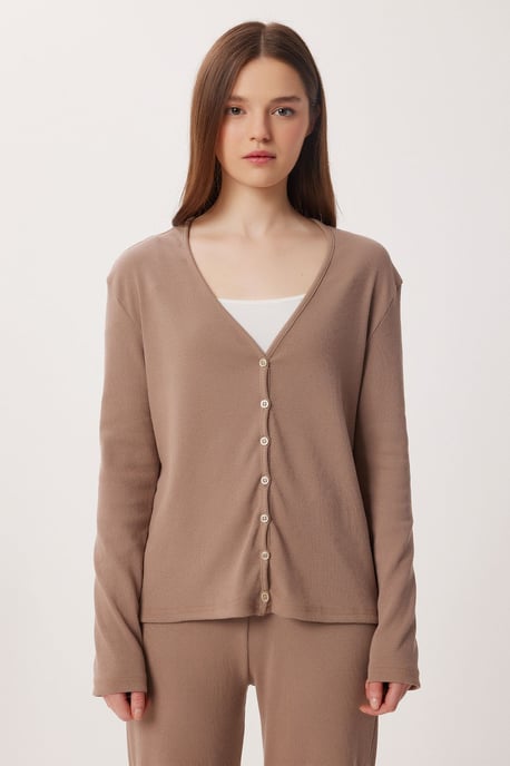 V-Ausschnitt Knopf-Longcardigan und Schlafanzug-Set mit Hose - Image 3