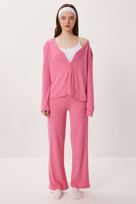 V-Ausschnitt Knopf-Longcardigan und Hosen-Pyjama-Set - Image 2