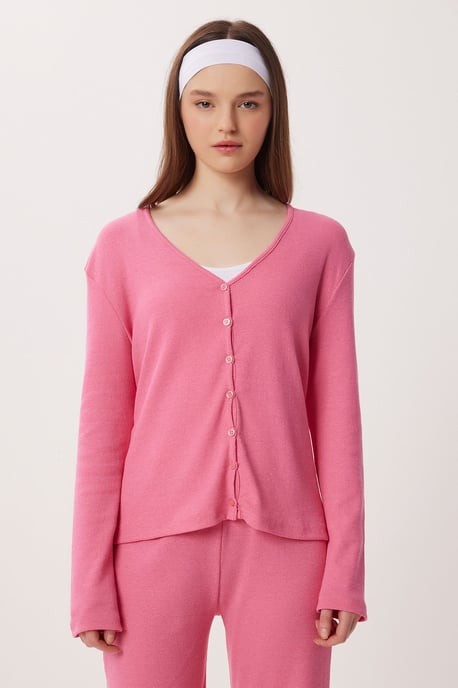 V-Ausschnitt Knopf-Longcardigan und Hosen-Pyjama-Set - Image 3