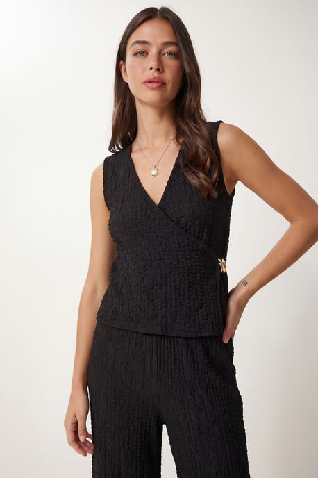 Strukturierter V-Ausschnitt Hochbund-Co-Ord-Set mit weitem Hosenbein - Image 3