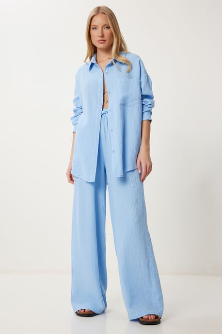 Hochwaist Weite Bein Zweiteiliges Set mit Hemdkragen - Image 1