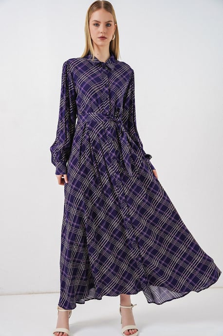 Kariertes Midi-Hemd Kleid mit Knopfverschluss - Image 3