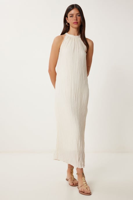 Strukturiertes Midikleid mit Halterneck-Kragen - Image 3