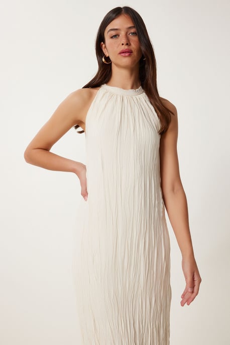 Strukturiertes Midikleid mit Halterneck-Kragen - Image 4