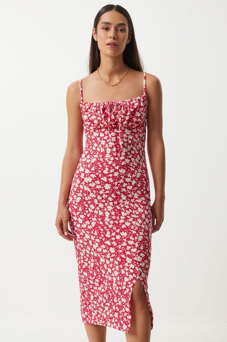 Blumenmuster Ripp-Midi-Kleid mit Schlitz - Image 2