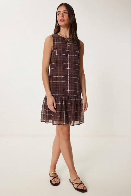 Rüschendekolleté Karo-Mini-Kleid - Image 1