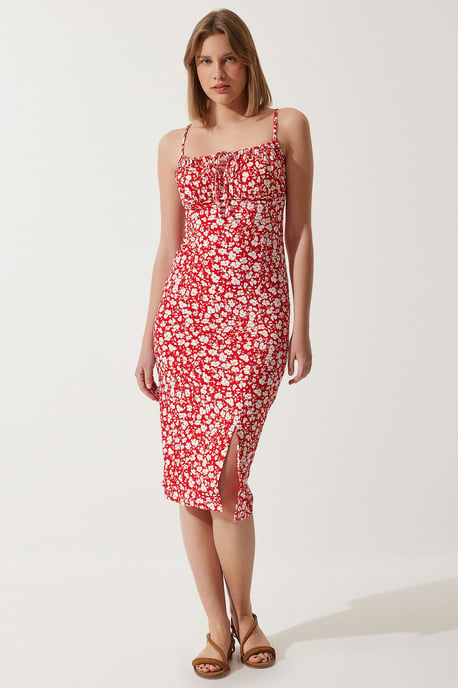 Blumenmuster Ripp-Midi-Kleid mit Schlitz - Image 1