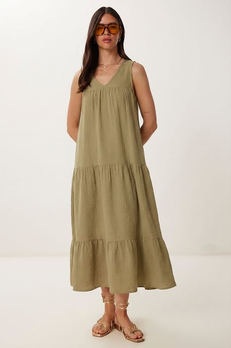 Rüschen V-Ausschnitt Midi-Kleid - Image 1