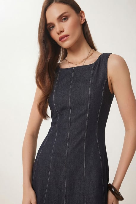 A-Linie Midi-Denimkleid mit Rundhalsausschnitt - Image 3