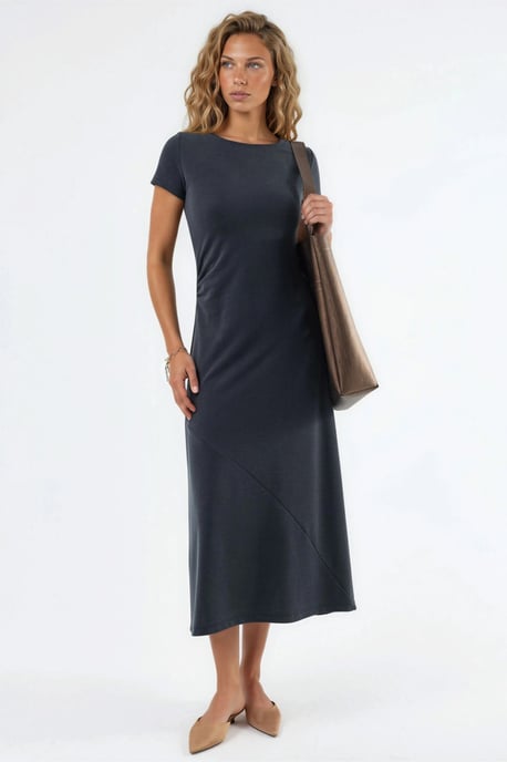 Drapiertes A-Linien-Midi-Kleid mit Rundhalsausschnitt - Image 1
