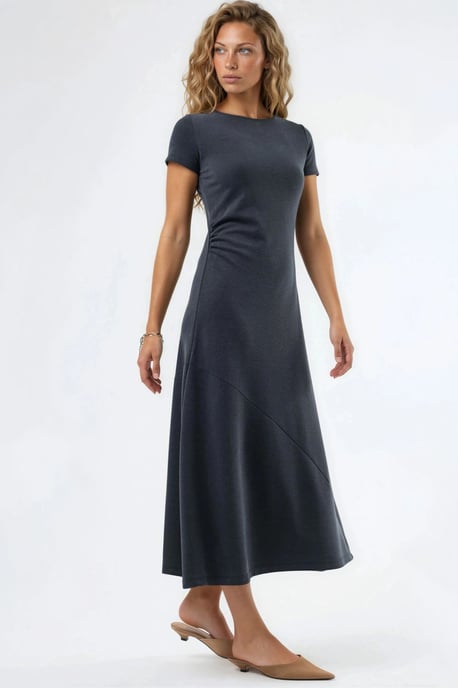 Drapiertes A-Linien-Midi-Kleid mit Rundhalsausschnitt - Image 2