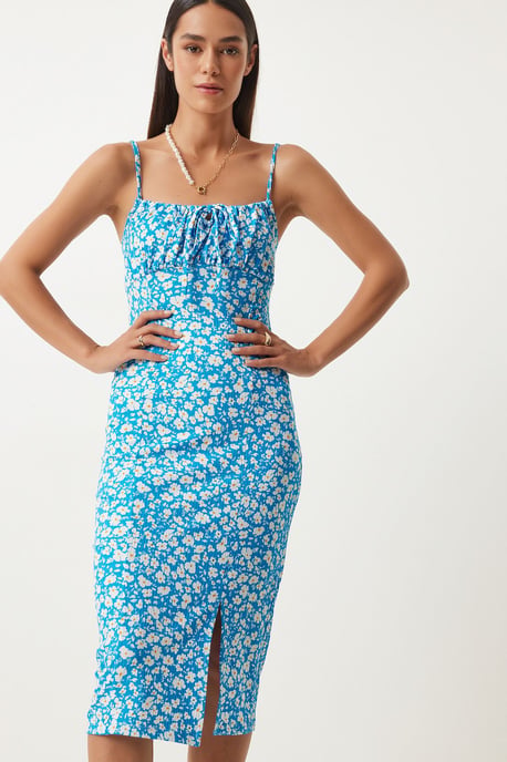 Blumenmuster Ripp-Midi-Kleid mit Schlitz - Image 2