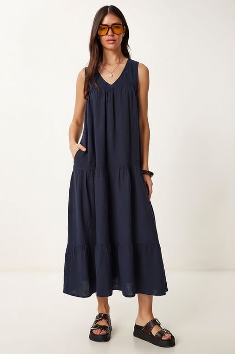 Rüschen V-Ausschnitt Midi-Kleid - Image 1