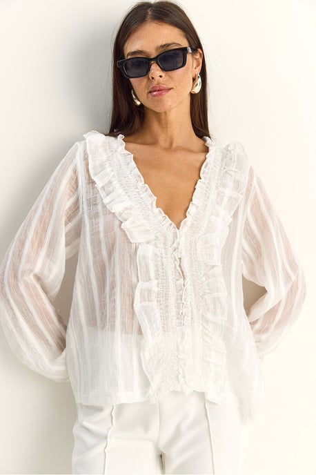Rüschenshirt mit V-Ausschnitt und Streifenprint - Image 1