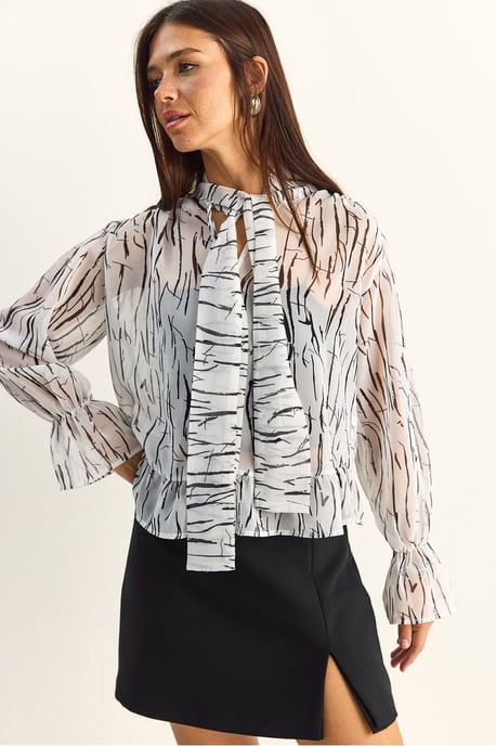Abstract Print Choker-Kragen Chiffon-Bluse mit Bindung - Image 1