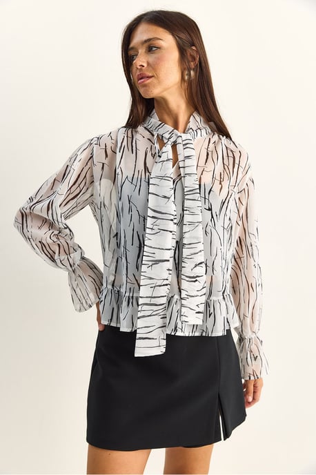 Abstract Print Choker-Kragen Chiffon-Bluse mit Bindung - Image 2