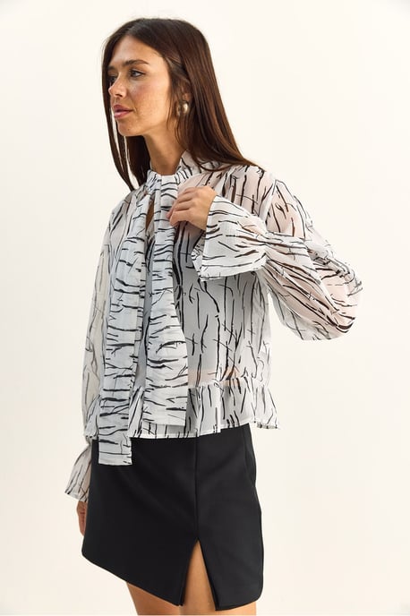Abstract Print Choker-Kragen Chiffon-Bluse mit Bindung - Image 3