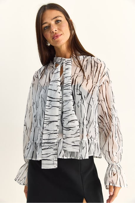 Abstract Print Choker-Kragen Chiffon-Bluse mit Bindung - Image 5