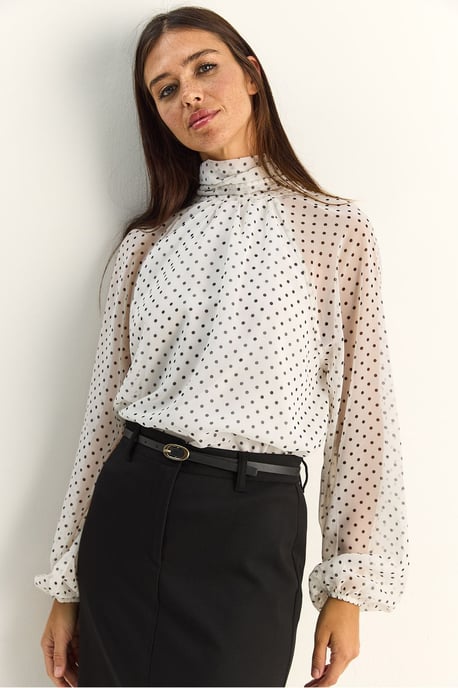Punktmuster Rollkragen Chiffonbluse - Image 1