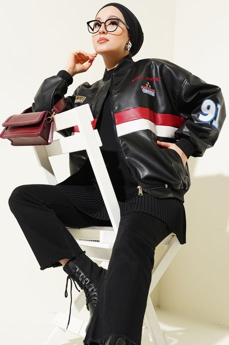 Color-Blockierte Faux-Leder Oversized Bomberjacke - Image 1