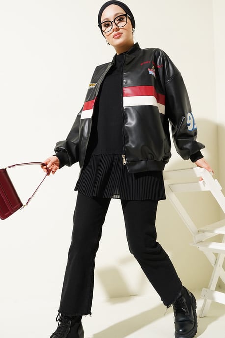 Color-Blockierte Faux-Leder Oversized Bomberjacke - Image 2