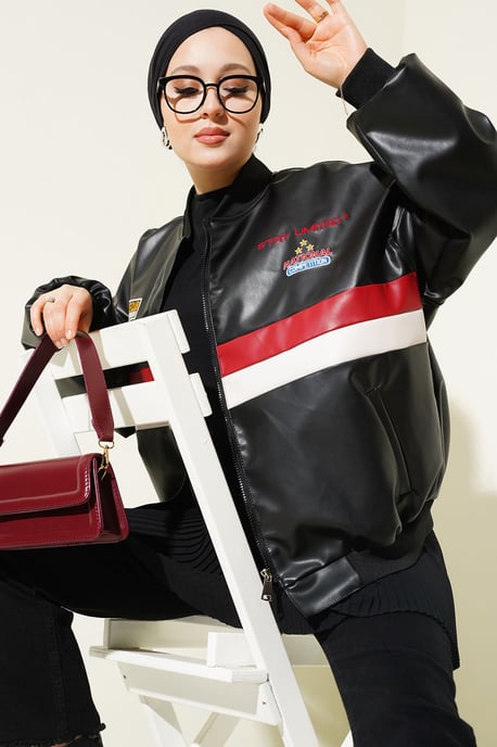 Color-Blockierte Faux-Leder Oversized Bomberjacke - Image 3