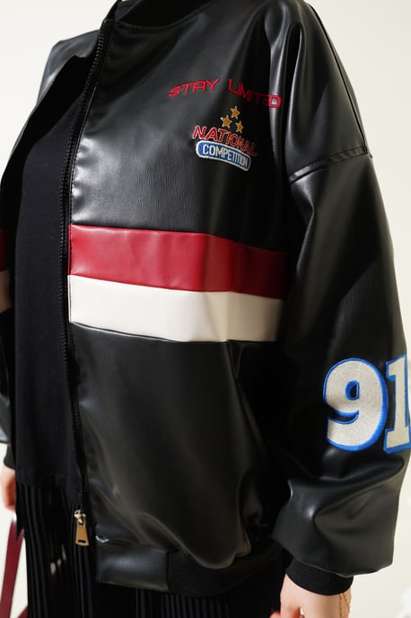 Color-Blockierte Faux-Leder Oversized Bomberjacke - Image 4