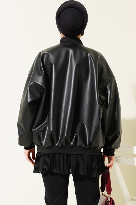 Color-Blockierte Faux-Leder Oversized Bomberjacke - Image 5