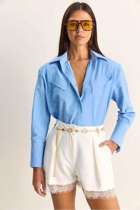 Lässige Langarm-Hemdbluse aus Popeline mit Tasche - Image 1
