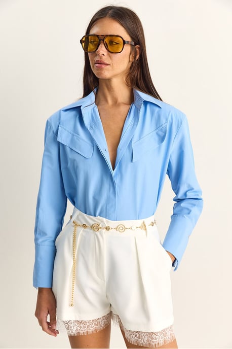 Lässige Langarm-Hemdbluse aus Popeline mit Tasche - Image 2
