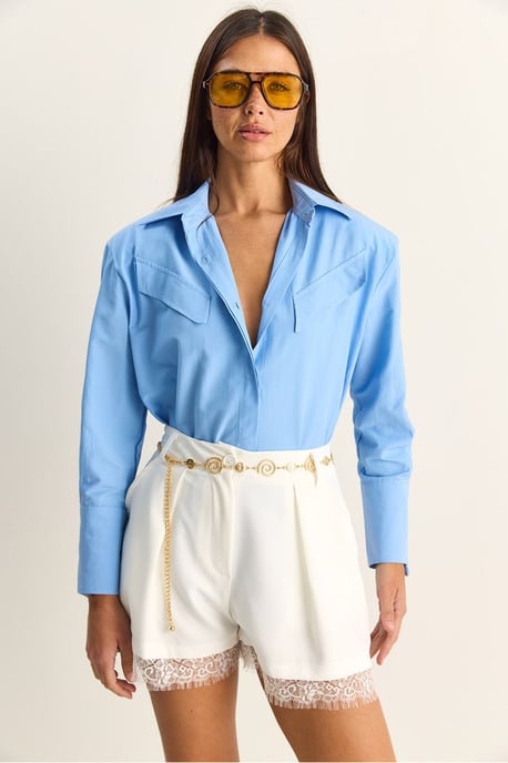 Lässige Langarm-Hemdbluse aus Popeline mit Tasche - Image 3