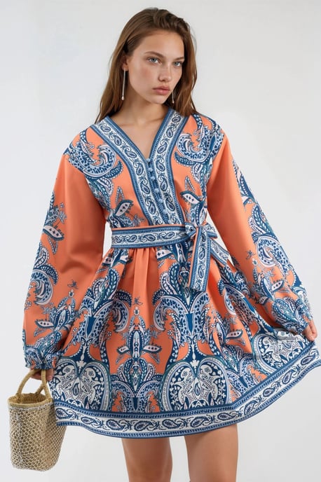 V-Ausschnitt Paisley A-Linie Mini-Kleid mit Knöpfen - Image 1