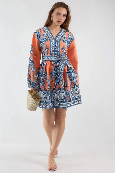 V-Ausschnitt Paisley A-Linie Mini-Kleid mit Knöpfen - Image 3