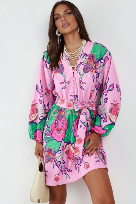 Blumiges V-Ausschnitt A-Linien Mini-Kleid mit Gürtel - Image 1