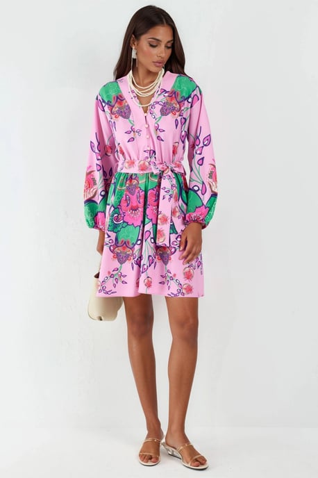 Blumiges V-Ausschnitt A-Linien Mini-Kleid mit Gürtel - Image 2