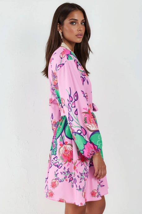 Blumiges V-Ausschnitt A-Linien Mini-Kleid mit Gürtel - Image 3