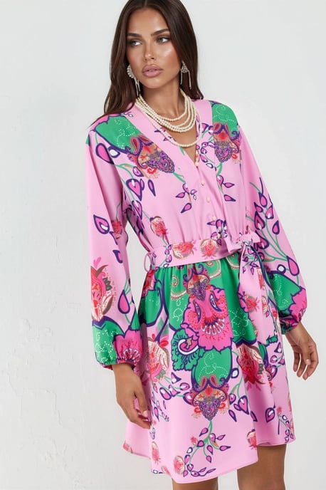 Blumiges V-Ausschnitt A-Linien Mini-Kleid mit Gürtel - Image 4