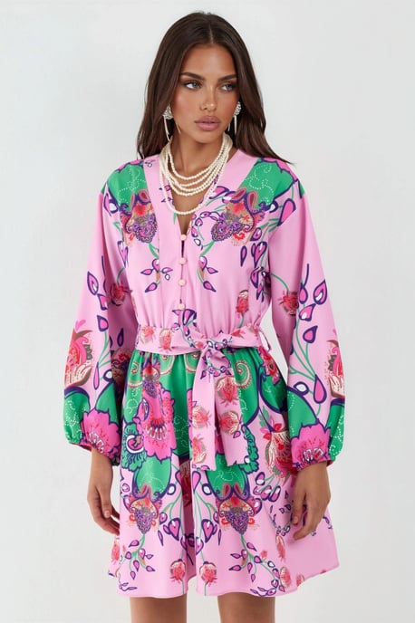 Blumiges V-Ausschnitt A-Linien Mini-Kleid mit Gürtel - Image 6