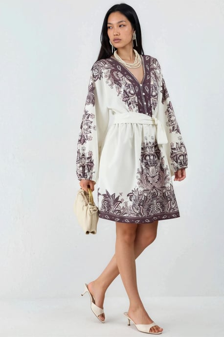 Kleid mit Gürtel und V-Ausschnitt im Paisleymuster - Image 2
