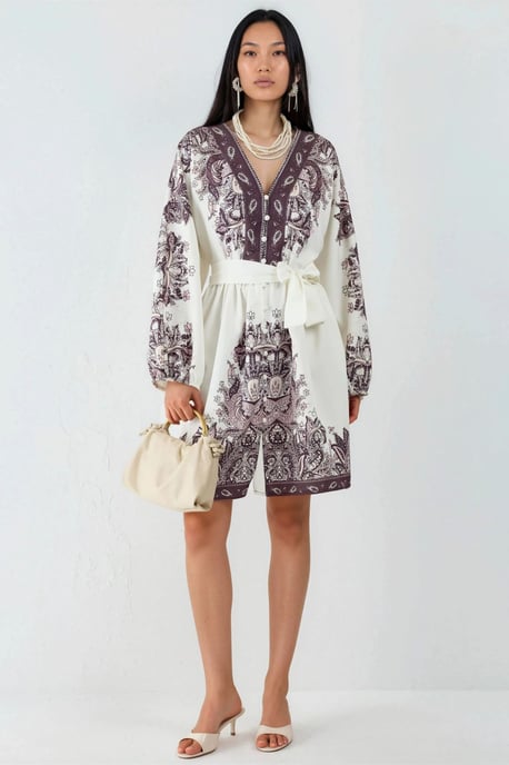 Kleid mit Gürtel und V-Ausschnitt im Paisleymuster - Image 5